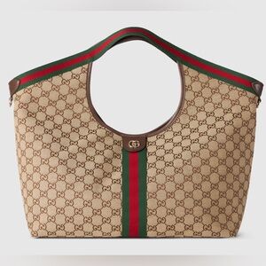 Gucci Giglio large tote bag Beige and Brown with Red and Green Stripes